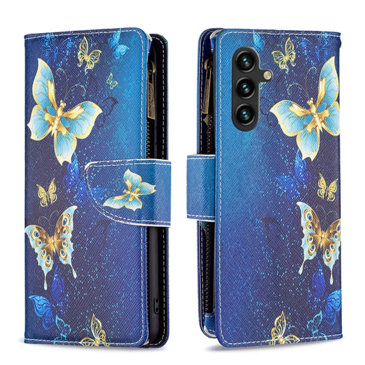 For Samsung Galaxy A14 5G Colored Drawing Pattern Zipper Leather Phone Case(Gold Butterfly) - Galaxy Phone Cases by buy2fix | Online Shopping UK | buy2fix