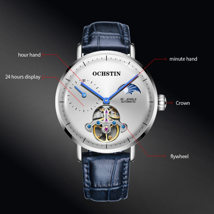 OCHSTIN 6121B Masterpiece Tourbillon Mechanical Men Watch(Silver-Blue) - Leather Strap Watches by OCHSTIN | Online Shopping UK | buy2fix