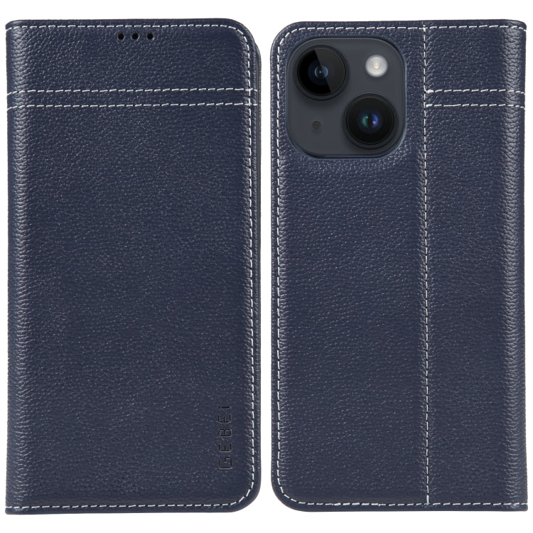 For iPhone 14 GEBEI Top-grain Horizontal Flip Leather Phone Case(Blue) - iPhone 14 Cases by GEBEI | Online Shopping UK | buy2fix