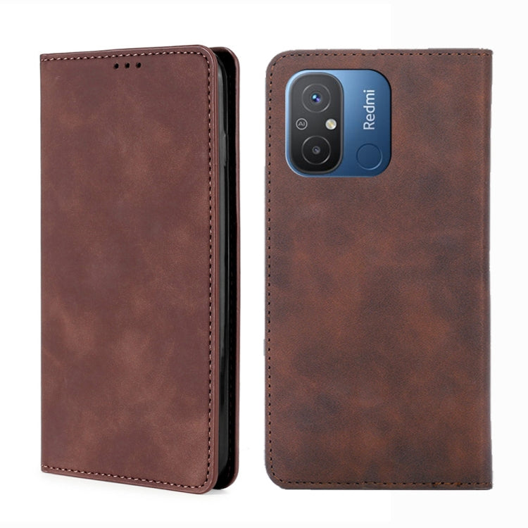 For Xiaomi Redmi 12C 4G Skin Feel Magnetic Horizontal Flip Leather Phone Case(Dark Brown) - Xiaomi Cases by buy2fix | Online Shopping UK | buy2fix