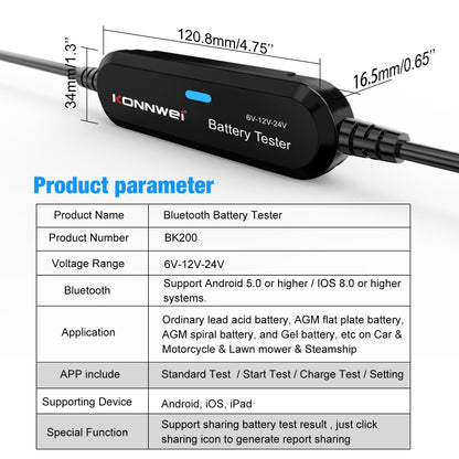 KONNWEI BK200 6V/12V/24V Car Bluetooth Battery Tester(Black) - In Car by KONNWEI | Online Shopping UK | buy2fix