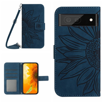 For Google Pixel 7A Skin Feel Sun Flower Pattern Flip Leather Phone Case with Lanyard(Inky Blue) - Google Cases by buy2fix | Online Shopping UK | buy2fix