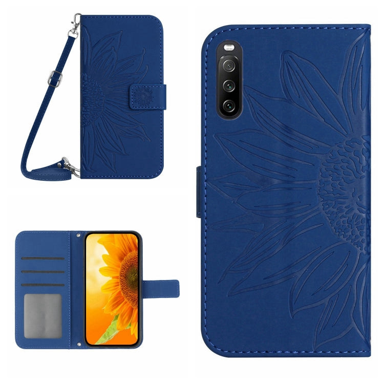 For Sony Xperia 10 V HT04 Skin Feel Sun Flower Embossed Flip Leather Phone Case with Lanyard(Dark Blue) - Sony Cases by buy2fix | Online Shopping UK | buy2fix