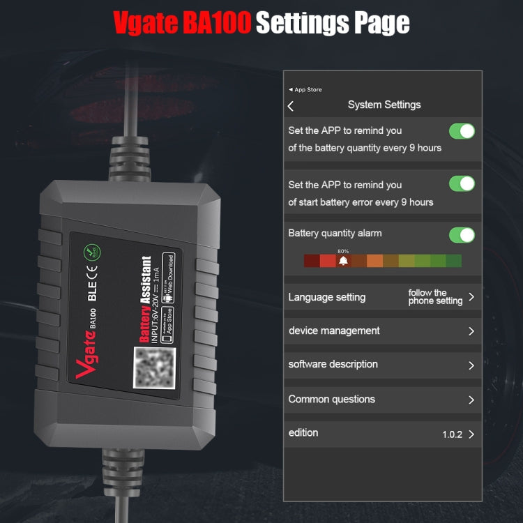 Vgate BA100 Car 12V Bluetooth 4.0 Battery Assistant Analyzer Tester -  by Vgate | Online Shopping UK | buy2fix