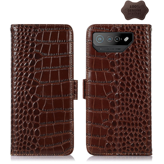 For Asus ROG Phone 7 Crocodile Top Layer Cowhide Leather Phone Case(Brown) - ASUS Cases by buy2fix | Online Shopping UK | buy2fix