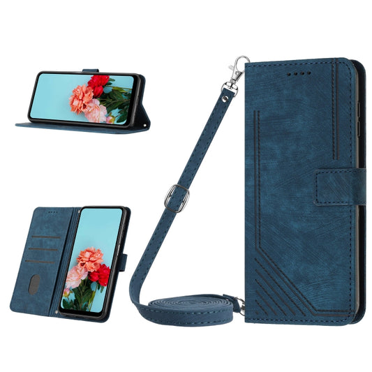 For Nokia C32 Skin Feel Stripe Pattern Leather Phone Case with Lanyard(Blue) - Nokia Cases by buy2fix | Online Shopping UK | buy2fix