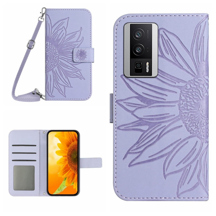 For Xiaomi Poco F5 Pro Skin Feel Sun Flower Embossed Flip Leather Phone Case with Lanyard(Purple) - Xiaomi Cases by buy2fix | Online Shopping UK | buy2fix