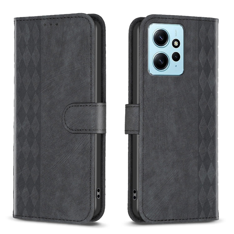 For Xiaomi Redmi Note 12 4G Global Plaid Embossed Leather Phone Case(Black) - Note 12 Cases by buy2fix | Online Shopping UK | buy2fix