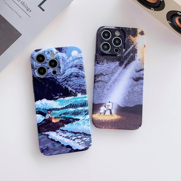 For iPhone 12 Precise Hole Oil Painting Pattern PC Phone Case(Sea Wave) - iPhone 12 / 12 Pro Cases by buy2fix | Online Shopping UK | buy2fix