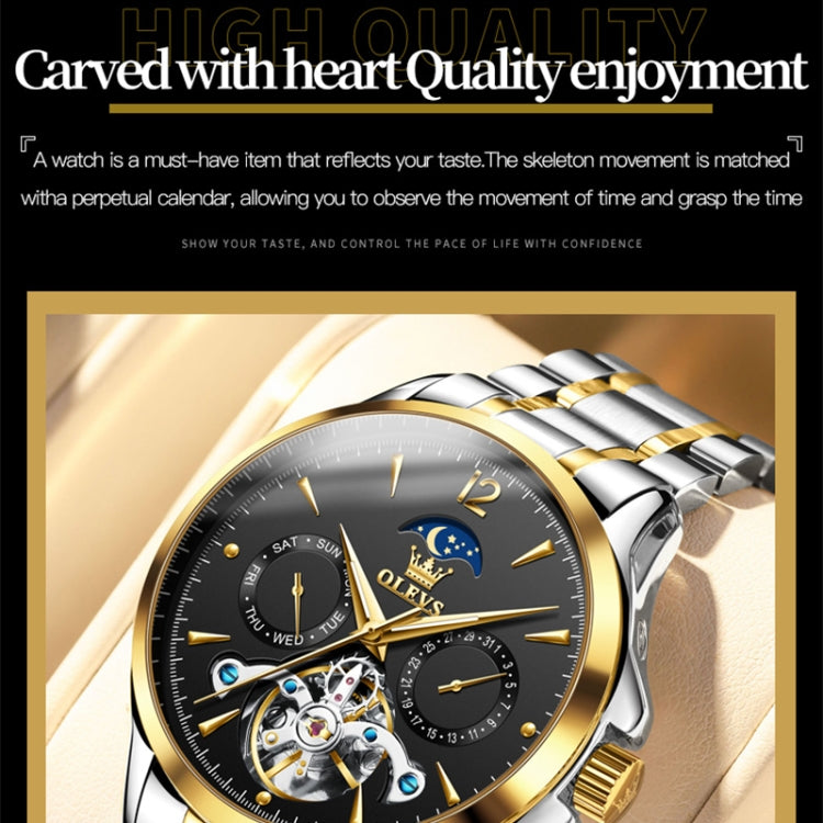 OLEVS 6663 Men Multifunctional Waterproof Hollow Steel Strap Mechanical Watch(Black + Gold) - Metal Strap Watches by buy2fix | Online Shopping UK | buy2fix