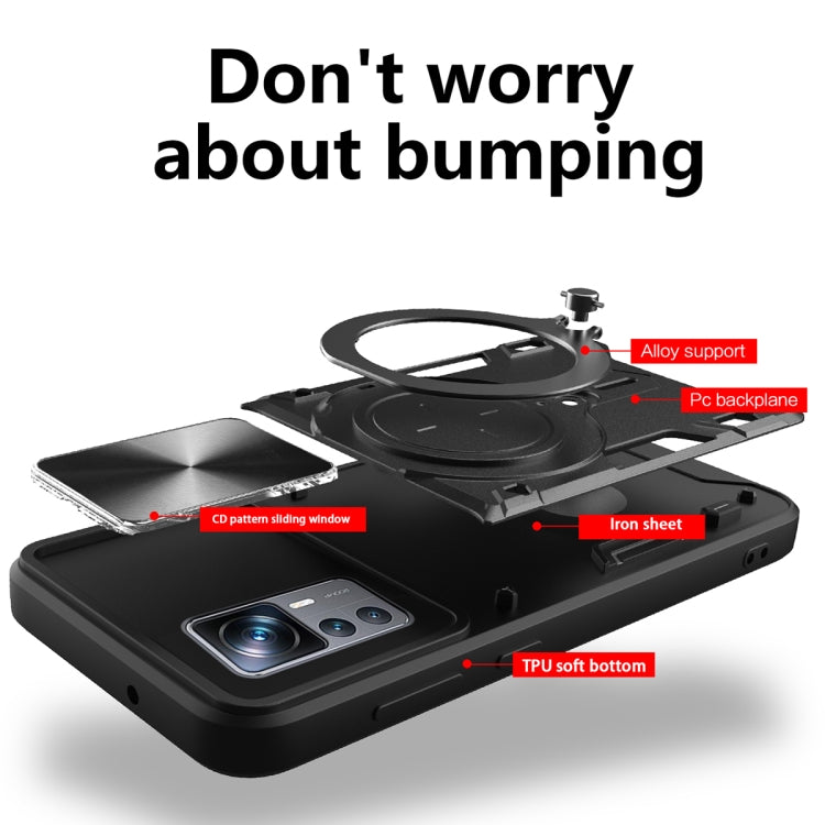 For Xiaomi 12T / 12T Pro CD Texture Sliding Camshield Magnetic Holder Phone Case(Black) - Xiaomi Cases by buy2fix | Online Shopping UK | buy2fix