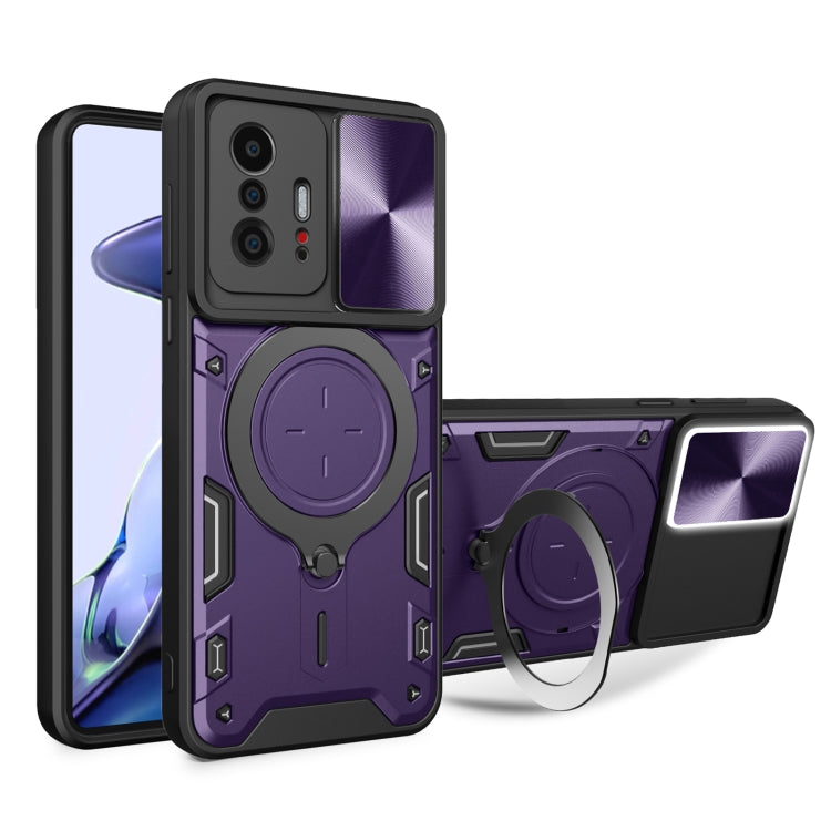 For Xiaomi 11T CD Texture Sliding Camshield Magnetic Holder Phone Case(Purple) - Xiaomi Cases by buy2fix | Online Shopping UK | buy2fix