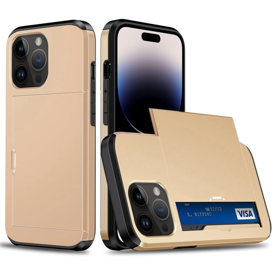 For iPhone 15 Pro Max Shockproof Armor Phone Case with Slide Card Slot(Gold) - iPhone 15 Pro Max Cases by buy2fix | Online Shopping UK | buy2fix