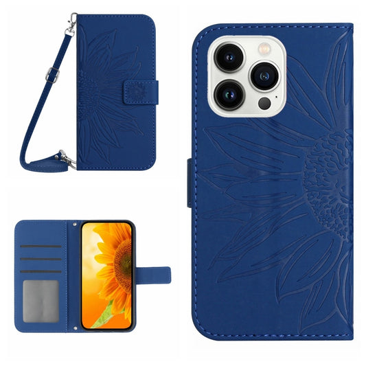 For iPhone 15 Pro Skin Feel Sun Flower Embossed Flip Leather Phone Case with Lanyard(Dark Blue) - iPhone 15 Pro Cases by buy2fix | Online Shopping UK | buy2fix