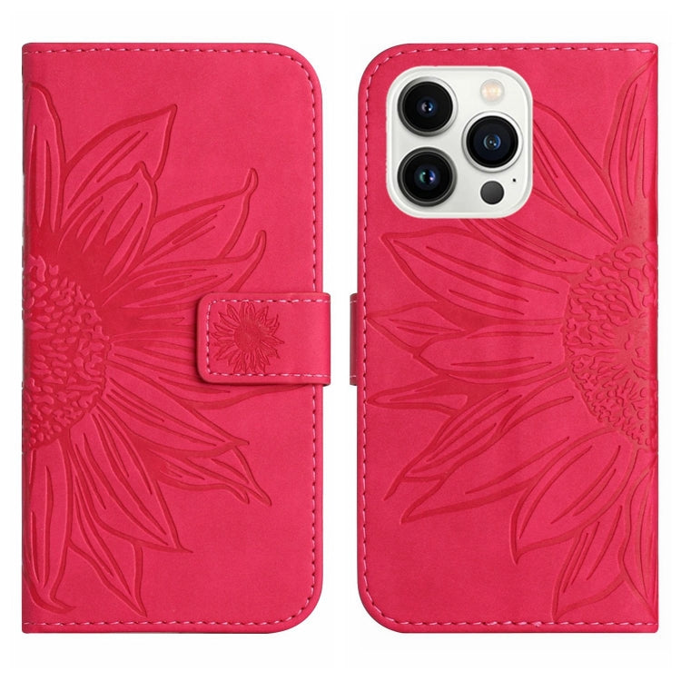 For iPhone 15 Pro Skin Feel Sun Flower Embossed Flip Leather Phone Case with Lanyard(Rose Red) - iPhone 15 Pro Cases by buy2fix | Online Shopping UK | buy2fix