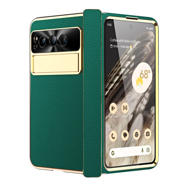 For Google Pixel Fold Litchi Pattern Electroplating Folding Phone Case with Hinge(Green) - Google Cases by buy2fix | Online Shopping UK | buy2fix
