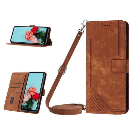 For Infinix Hot 30 Skin Feel Stripe Pattern Leather Phone Case with Lanyard(Brown) - Infinix Cases by buy2fix | Online Shopping UK | buy2fix