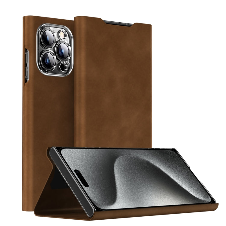 For iPhone 15 Pro Max Magnetic Napa Texture Leather Phone Case with Holder(Brown) - iPhone 15 Pro Max Cases by buy2fix | Online Shopping UK | buy2fix