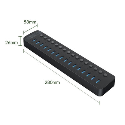 ORICO CT2U3-16AB Plastic Stripes 16 Ports USB 3.0 HUB with Individual Switches, Plug:UK Plug(Black) - USB 3.0 HUB by ORICO | Online Shopping UK | buy2fix