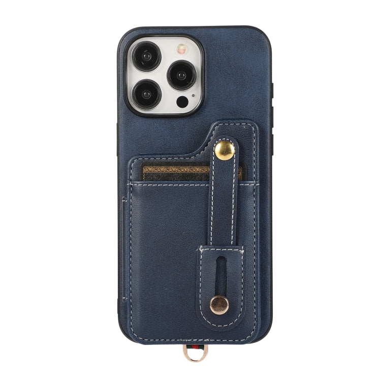 For iPhone 15 Pro Max 01 RFID Card Bag Cowhide Texture PU Phone Case(Blue) - iPhone 15 Pro Max Cases by buy2fix | Online Shopping UK | buy2fix