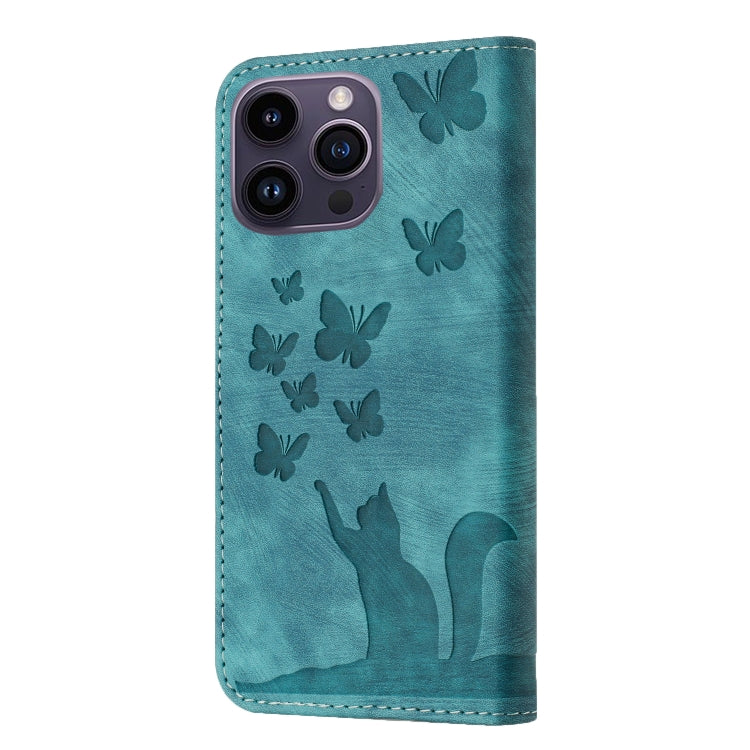 For iPhone 15 Pro Max Butterfly Cat Embossing Flip Leather Phone Case(Wathet) - iPhone 15 Pro Max Cases by buy2fix | Online Shopping UK | buy2fix