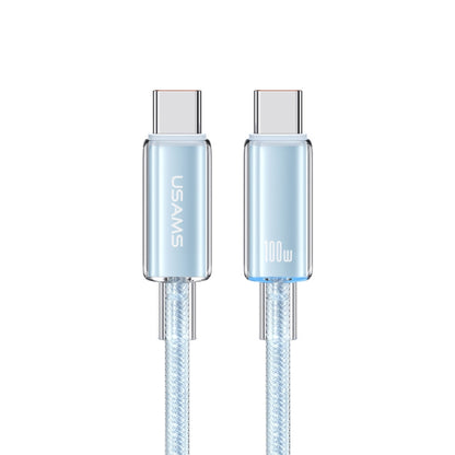 USAMS Type-C To Type-C Aluminum Alloy Clear LED 100W Fast Charge Data Cable, Length:1.2m(Blue) - USB-C & Type-C Cable by USAMS | Online Shopping UK | buy2fix