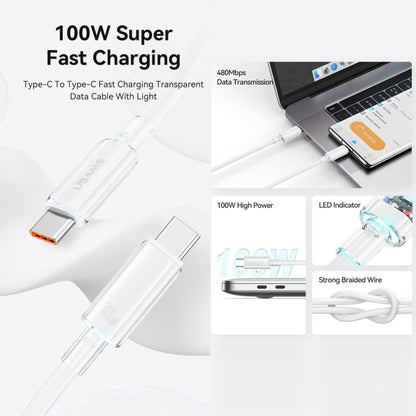 USAMS Type-C To Type-C Aluminum Alloy Clear LED 100W Fast Charge Data Cable, Length:1.2m(Blue) - USB-C & Type-C Cable by USAMS | Online Shopping UK | buy2fix