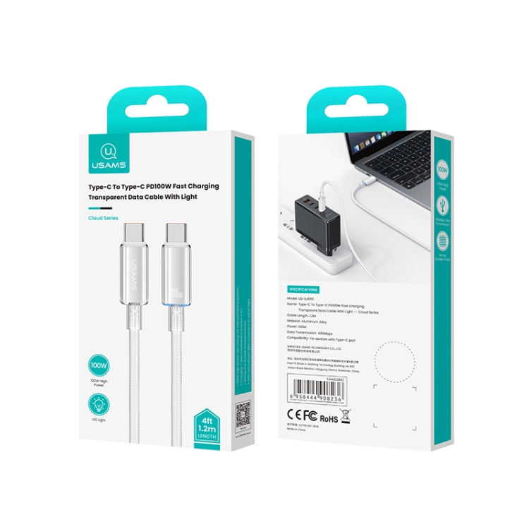 USAMS Type-C To Type-C Aluminum Alloy Clear LED 100W Fast Charge Data Cable, Length:1.2m(Blue) - USB-C & Type-C Cable by USAMS | Online Shopping UK | buy2fix