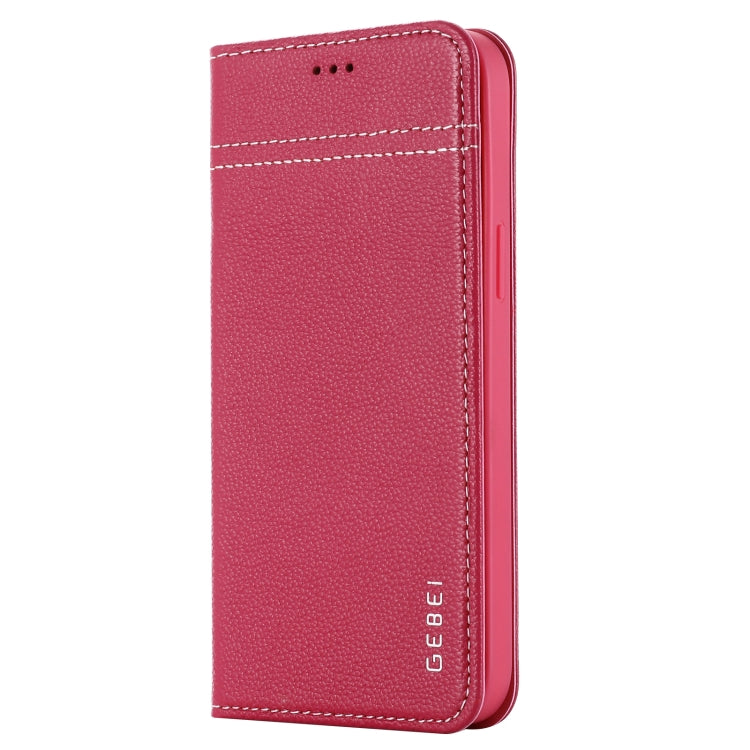 For iPhone 12 Pro Max GEBEI Top-grain Leather Horizontal Flip Protective Case with Holder & Card Slots(Rose Red) - iPhone 12 Pro Max Cases by GEBEI | Online Shopping UK | buy2fix