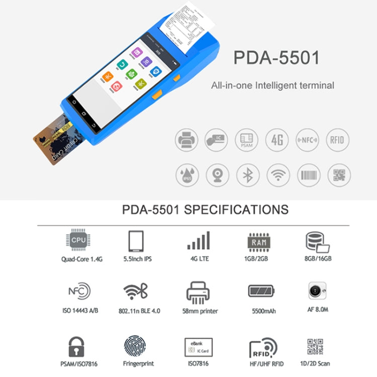 PDA-5501 Multi-function 5.5 inch IPS Screen IP65 Protection All-in-one Intelligent Terminal, Built-in Thermal Line Printer & MIC & Speaker, Support WiFi & Bluetooth & GPS(Blue) - Consumer Electronics by buy2fix | Online Shopping UK | buy2fix