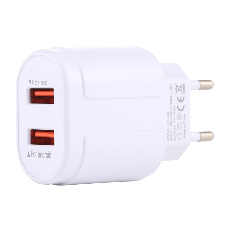 LZ-022 5V 2.4A Dual USB Ports Travel Charger, EU Plug (White) - Apple Accessories by buy2fix | Online Shopping UK | buy2fix