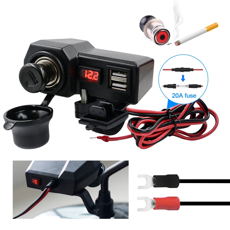 CS-1072B1 Motorcycle Dual USB Charger + Voltmeter with Cigarette Lighter & Cigarette Butts (Black) - Battery Charger by buy2fix | Online Shopping UK | buy2fix