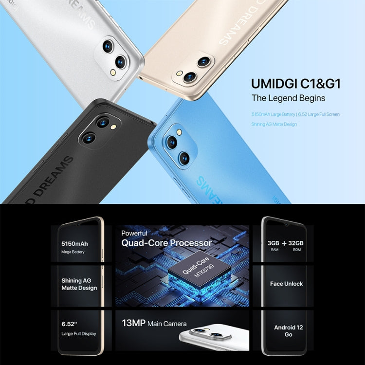 [HK Warehouse] UMIDIGI C1,3GB+32GB, Dual Back Cameras, 5150mAh Battery, Face Identification, 6.52 inch Android 12 Go MTK6739 Quad Core up to 1.5GHz, Network: 4G, OTG, Dual SIM(Matte Silver) - UMIDIGI by UMIDIGI | Online Shopping UK | buy2fix