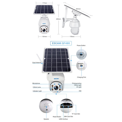 ESCAM QF480 EU Version HD 1080P IP66 Waterproof 4G Solar Panel PT IP Camera without Battery, Support Night Vision / Motion Detection / TF Card / Two Way Audio (White) - Dome Camera by ESCAM | Online Shopping UK | buy2fix