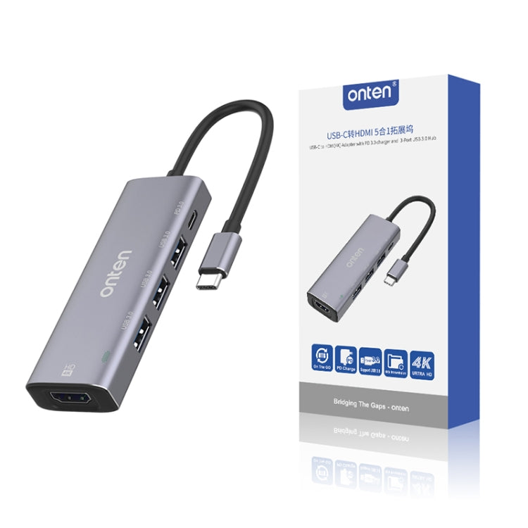 Onten OT-95123 5 in 1 Multifunctional Type-C + USB + HDMI Docking Station, Cable Length: 145mm(Silver) - USB HUB by Onten | Online Shopping UK | buy2fix