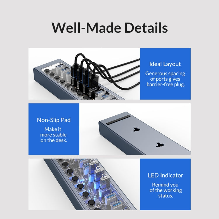 ORICO AT2U3-13AB-GY-BP 13 Ports USB 3.0 HUB with Individual Switches & Blue LED Indicator, US Plug - USB 3.0 HUB by ORICO | Online Shopping UK | buy2fix