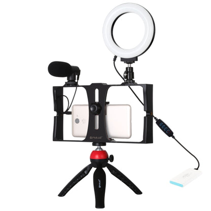 PULUZ 4 in 1 Vlogging Live Broadcast Smartphone Video Rig + 4.7 inch 12cm Ring LED Selfie Light Kits with Microphone + Tripod Mount + Cold Shoe Tripod Head for iPhone, Galaxy, Huawei, Xiaomi, HTC, LG, Google, and Other Smartphones(Red) - Camera Cage by PULUZ | Online Shopping UK | buy2fix