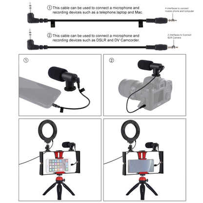 PULUZ 4 in 1 Vlogging Live Broadcast Smartphone Video Rig + 4.7 inch 12cm Ring LED Selfie Light Kits with Microphone + Tripod Mount + Cold Shoe Tripod Head for iPhone, Galaxy, Huawei, Xiaomi, HTC, LG, Google, and Other Smartphones(Red) - Camera Cage by PULUZ | Online Shopping UK | buy2fix