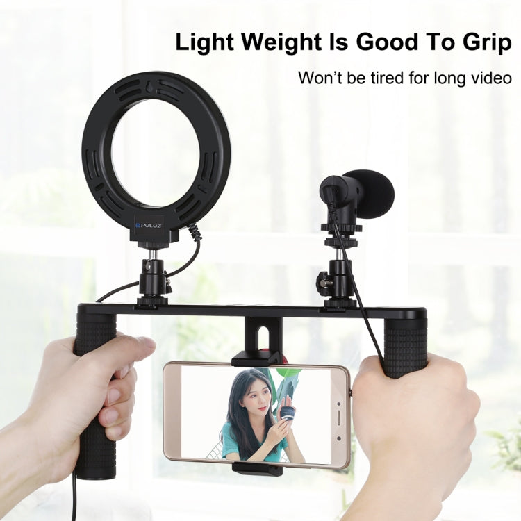 PULUZ 4 in 1 Vlogging Live Broadcast 4.7 inch 12cm Ring LED Selfie Light Smartphone Video Rig Handle Stabilizer Aluminum Bracket Kits with Microphone + Tripod Mount + Cold Shoe Tripod Head - Camera Cage by PULUZ | Online Shopping UK | buy2fix