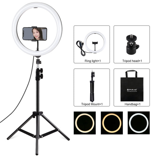 PULUZ 11.8 inch 30cm Light + 1.1m Tripod Mount Curved Surface USB 3 Modes Dimmable Dual Color Temperature LED Ring Vlogging Video Light  Live Broadcast Kits with Phone Clamp(Black) - Consumer Electronics by PULUZ | Online Shopping UK | buy2fix