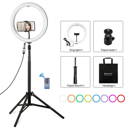 PULUZ 11.8 inch 30cm RGBW Light + 1.65m Mount Curved Surface RGBW Dimmable LED Ring Selfie Vlogging Light  Live Broadcast Kits with Cold Shoe Tripod Adapter & Phone Clamp & Remote Control(Black) - Ring Light by PULUZ | Online Shopping UK | buy2fix