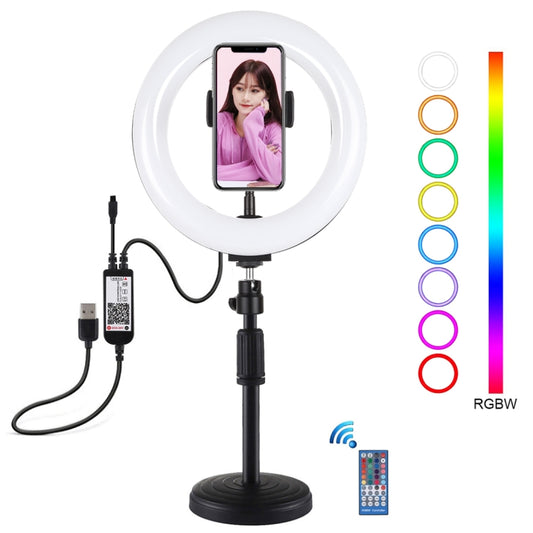 PULUZ 7.9 inch 20cm RGBW Light + Round Base Desktop Mount Dimmable LED Dual Color Temperature LED Curved Light Ring Vlogging Selfie Photography Video Lights with Phone Clamp(Black) - Consumer Electronics by PULUZ | Online Shopping UK | buy2fix