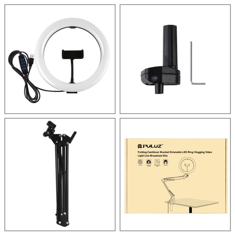 PULUZ 10.2 inch 26cm Ring Curved Light + Desktop Arm Stand USB 3 Modes Dimmable Dual Color Temperature LED Vlogging Selfie Photography Video Lights with Phone Clamp(Black) - Ring Light by PULUZ | Online Shopping UK | buy2fix