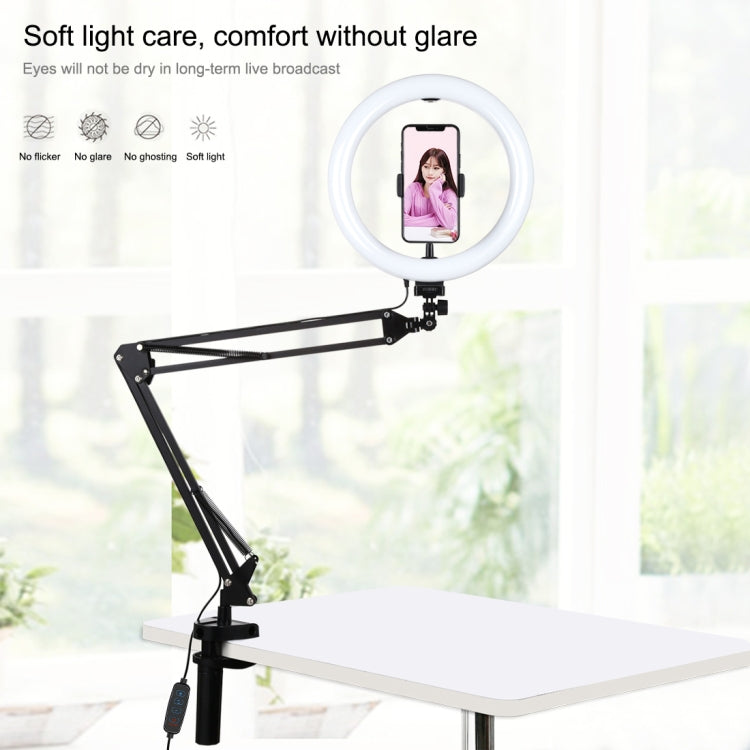 PULUZ 10.2 inch 26cm Ring Curved Light + Desktop Arm Stand USB 3 Modes Dimmable Dual Color Temperature LED Vlogging Selfie Photography Video Lights with Phone Clamp(Black) - Ring Light by PULUZ | Online Shopping UK | buy2fix