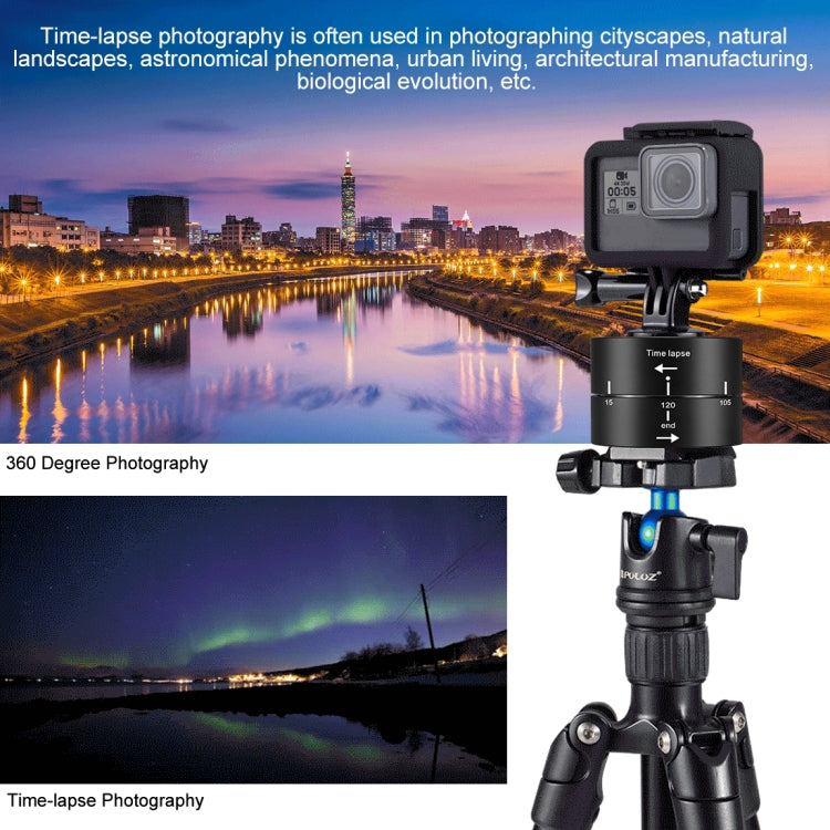 PULUZ 360 Degrees Panning Rotation 120 Minutes Time Lapse Stabilizer Tripod Head Adapter for GoPro HERO10 Black / HERO9 Black / HERO8 Black / HERO7 /6 /5 /5 Session /4 Session /4 /3+ /3 /2 /1, Xiaoyi and Other Action Cameras - Camera Accessories by PULUZ | Online Shopping UK | buy2fix