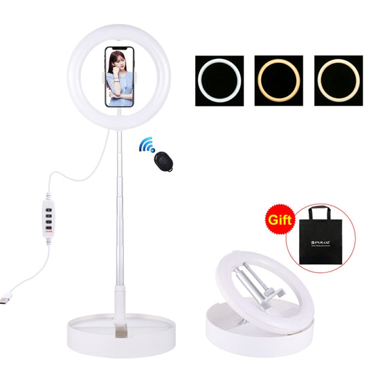 PULUZ 10.2 inch 26cm USB 3 Modes Dimmable Dual Color Temperature LED Curved  Ring Vlogging Selfie Photography Video Lights with Bluetooth Remote Shutter & Folding Desktop Holder & Phone Clamp(White) - Consumer Electronics by PULUZ | Online Shopping UK | buy2fix