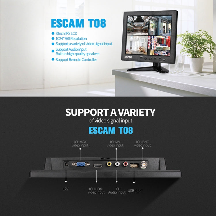 ESCAM T08 8 inch TFT LCD 1024x768 Monitor with VGA & HDMI & AV & BNC & USB for PC CCTV Security - Consumer Electronics by ESCAM | Online Shopping UK | buy2fix