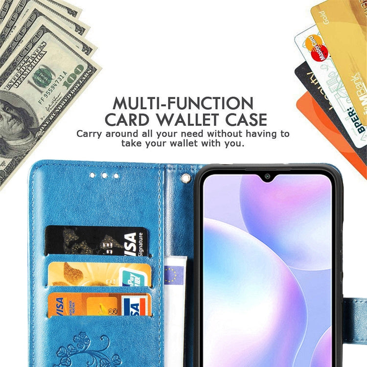 For Xiaomi Redmi 9A Four-leaf Clasp Embossed Buckle Horizontal Flip TPU + PU Leather Case with Lanyard & Card Slot & Wallet & Holder(Blue) - Xiaomi Cases by buy2fix | Online Shopping UK | buy2fix