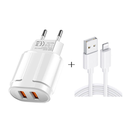 Dual USB Portable Travel Charger + 1 Meter USB to 8 Pin Data Cable, EU Plug(White) - Apple Accessories by buy2fix | Online Shopping UK | buy2fix