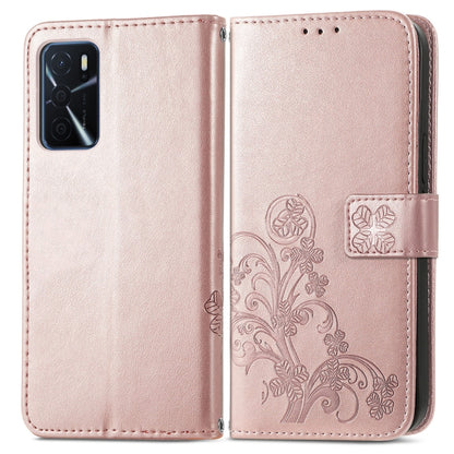 For OPPO A16 Four-leaf Clasp Embossed Buckle Leather Phone Case(Rose Gold) - OPPO & vivo Accessories by buy2fix | Online Shopping UK | buy2fix